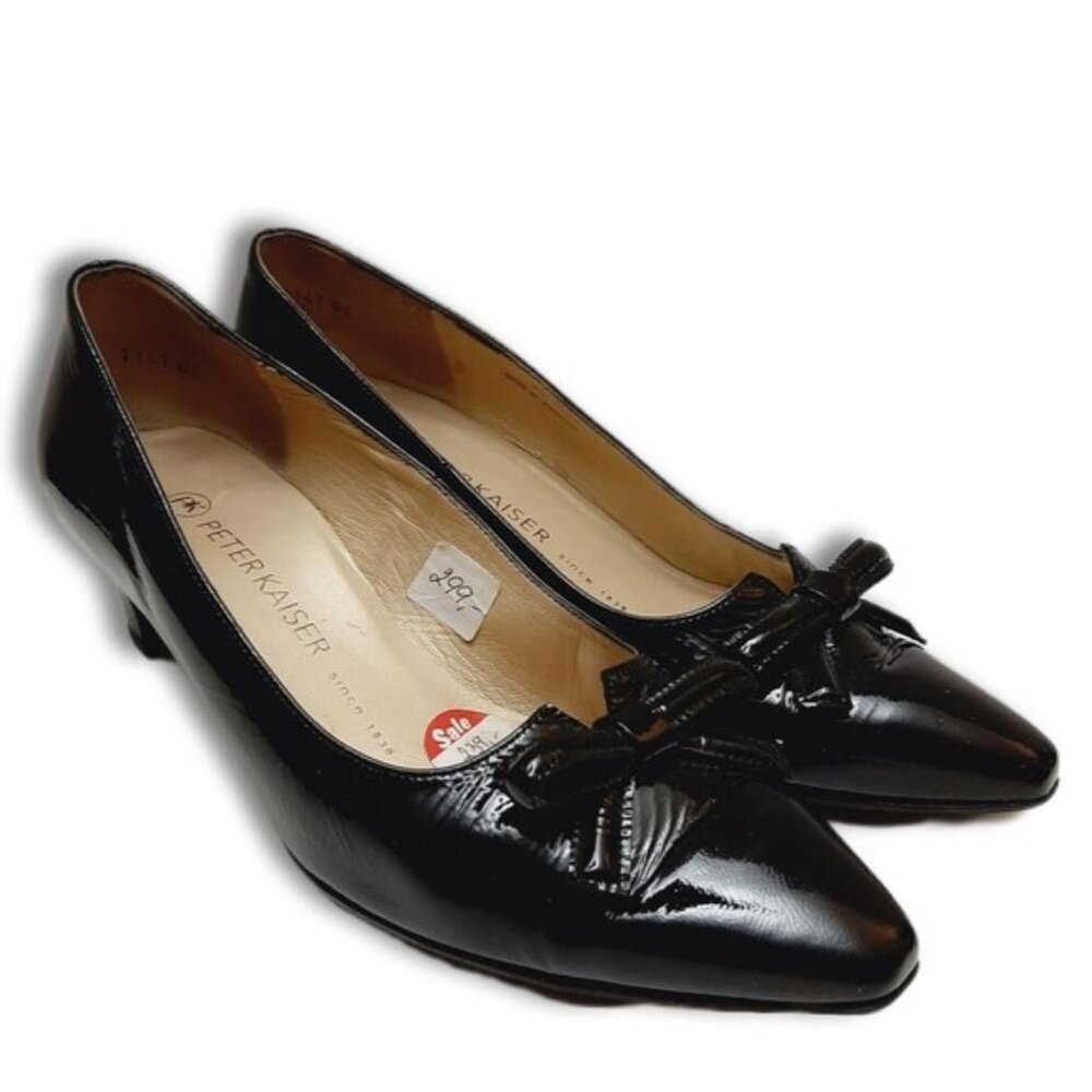 PETER KAISER Classic Patent Low Heel Pumps w/ Bow Genuine Leather Black Sz 6.5